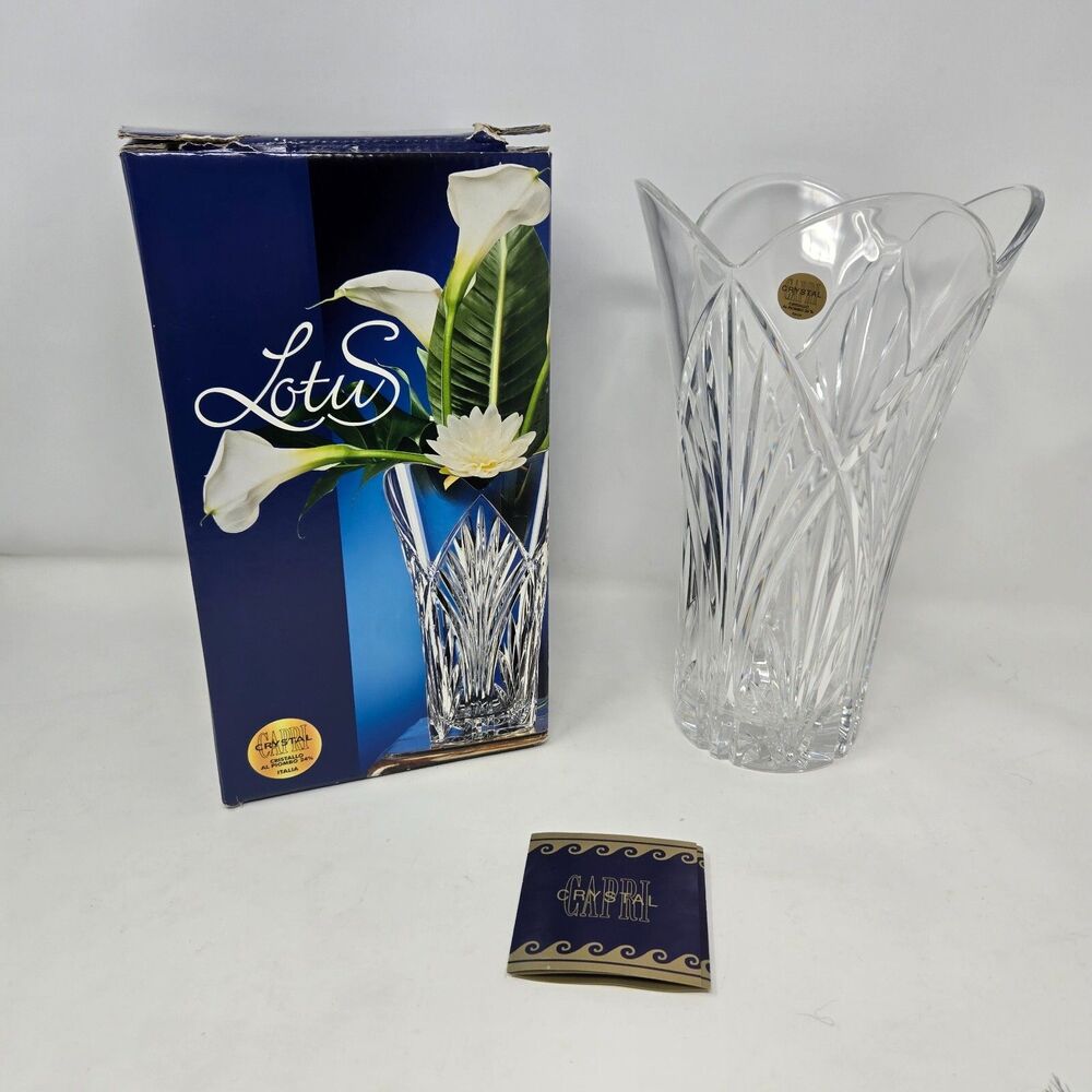 Capri Crystal Lotus Clear Vase 10" x 3.25" Genuine 24% Leaded Crystal New in Box
